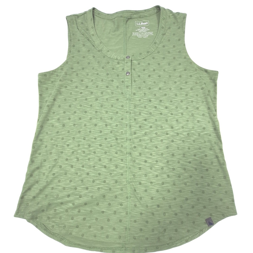 LL Bean Tank Top Womens Large Green Henley Sleeveless Textured Outdoor Casual